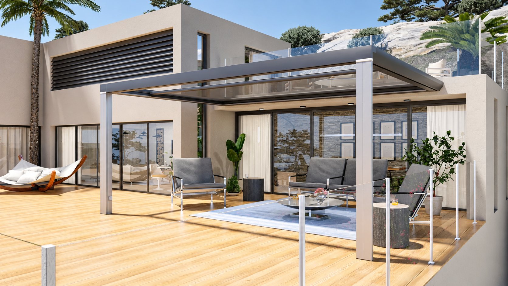Rendu 3D d'une pergola moderne à toit ouvrant abritant un salon de jardin gris sur une terrasse en bois devant une maison contemporaine.