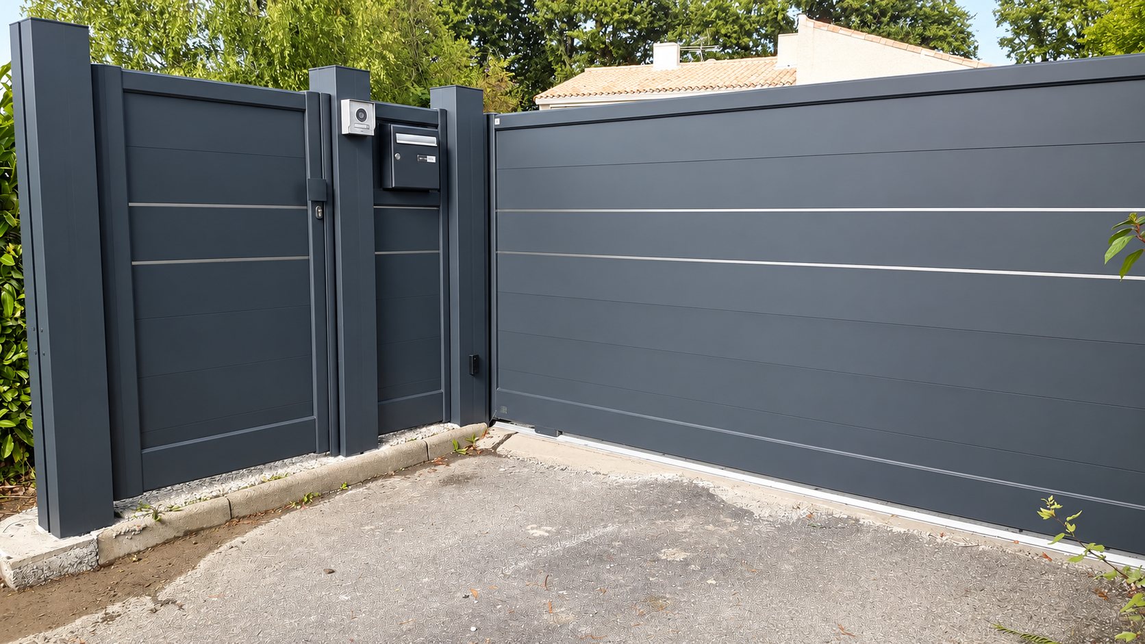 Un portail coulissant et un portillon gris anthracite à lames horizontales, avec interphone et boîte aux lettres intégrés, donnent sur une allée en gravier.